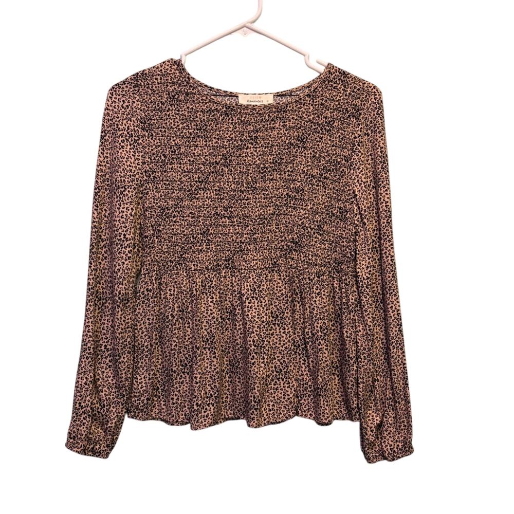 URBAN Romantics Cheetah Smocked Peplum Flowy Long Sleeve Blouse Size S Office